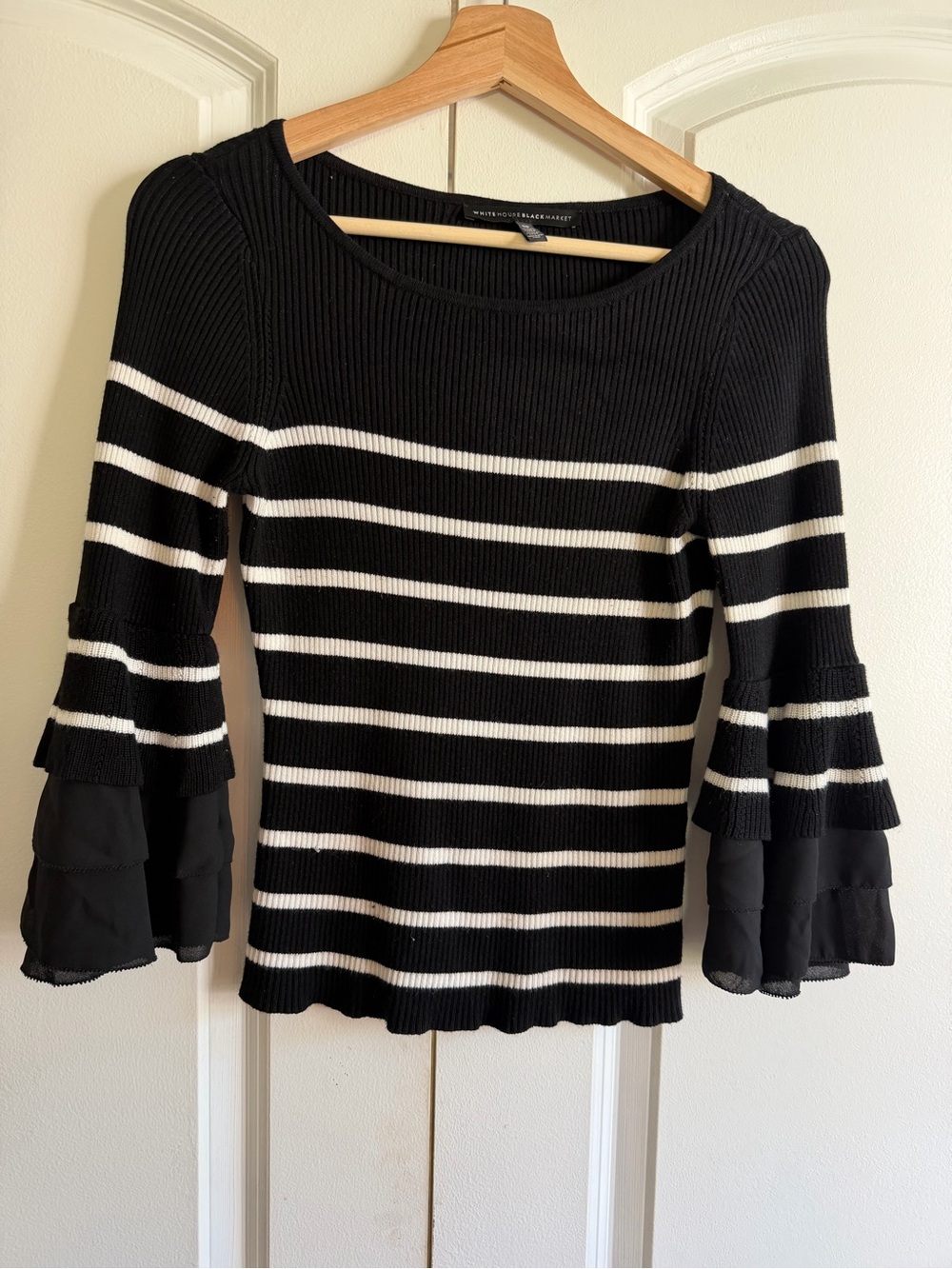 White House Black Market Black and White Ribbed Stripe Sweater Bell Sleeves